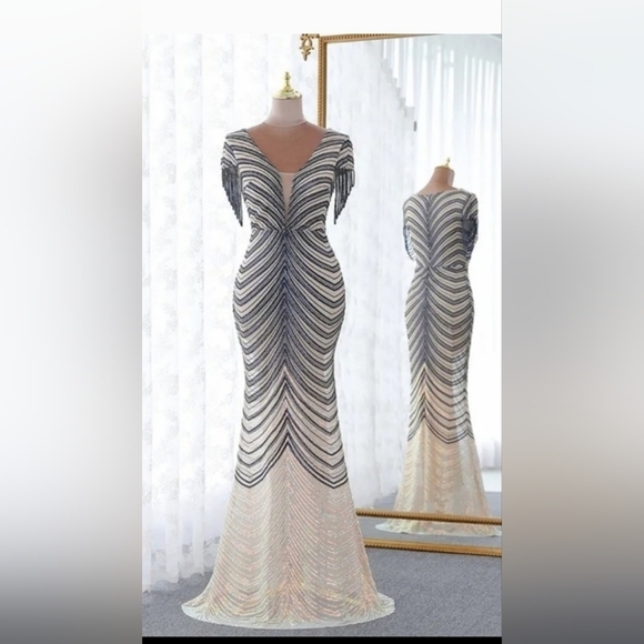 Navy/Ivory , Short Rhinestone Sleeves,  Sequined,  V Neck, Mermaid Maxi … - Picture 13 of 16